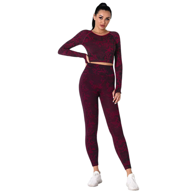 Wine Red Camo Knit Seamless Long Sleeve Pant Yoga Set TQE91362-103