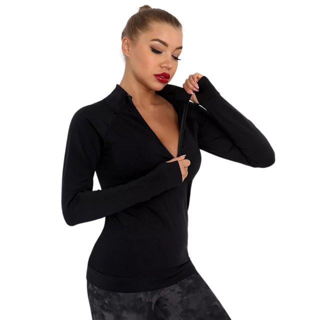 Black Quick Dry Zipper Knit Tight Yoga Tops TQE91363-2
