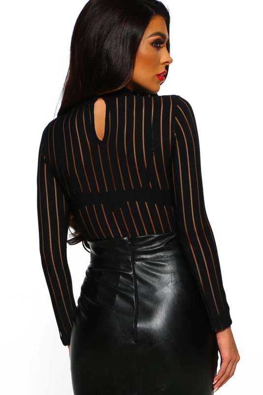 Black High Neck Long Sleeve Bodysuit LC32495-2