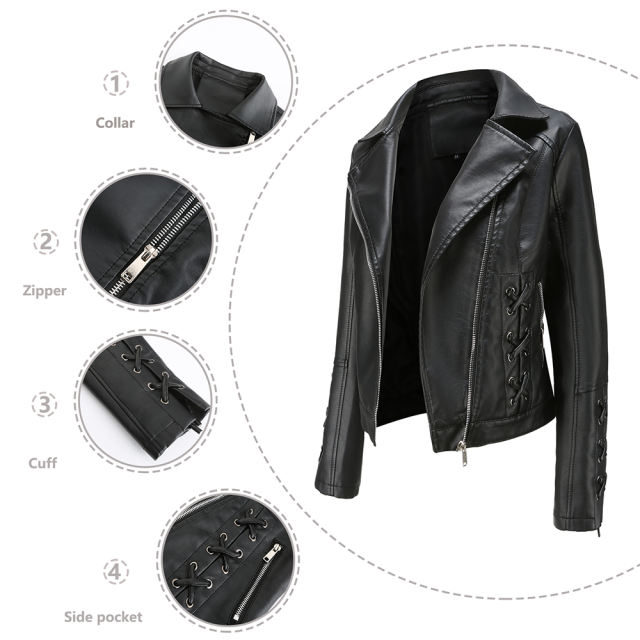 Black Zipper &amp; Bandage PU Leather Jacket TQK280142-2