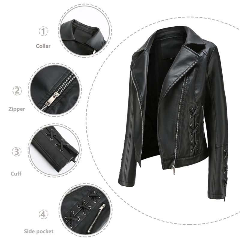 Black Zipper &amp; Bandage PU Leather Jacket TQK280142-2