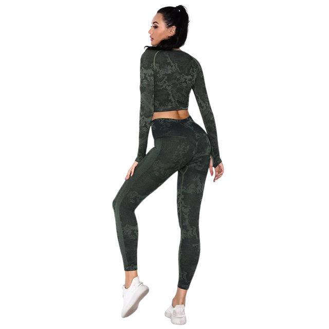Army Green Camo Knit Seamless Long Sleeve Pant Yoga Set TQE91362-27
