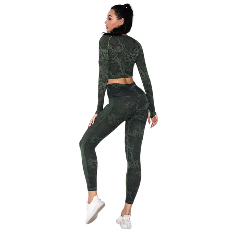 Army Green Camo Knit Seamless Long Sleeve Pant Yoga Set TQE91362-27
