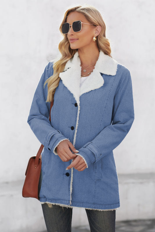 Sky Blue Lapel Collar Button Fleece Jacket LC8511336-4