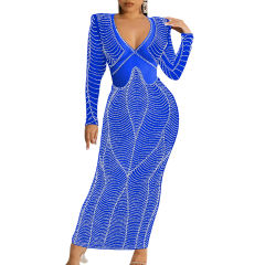 Blue Padded Shoulder V Neck Rhinestones Mesh Maxi Dress TQK311225-5