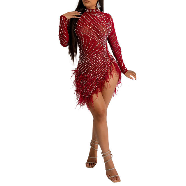 Burgundy Rhinestone Beaded Feathers Hem Sheer Mesh Bodycon Dress TQK311310-23