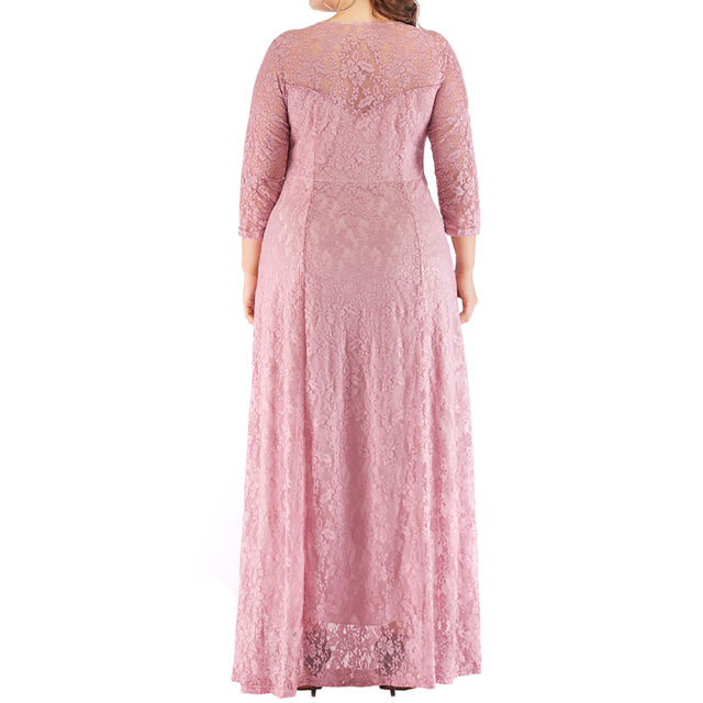 Pink 3/4 Sleeve Crew Neck Lace Plus Size Dress TQK310977-10