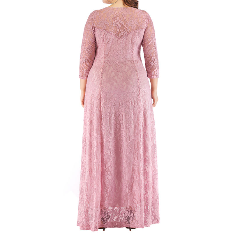 Pink 3/4 Sleeve Crew Neck Lace Plus Size Dress TQK310977-10