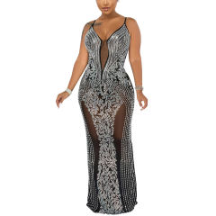 Black Rhinestone See Through Long Maxi Dress TQK310858-2