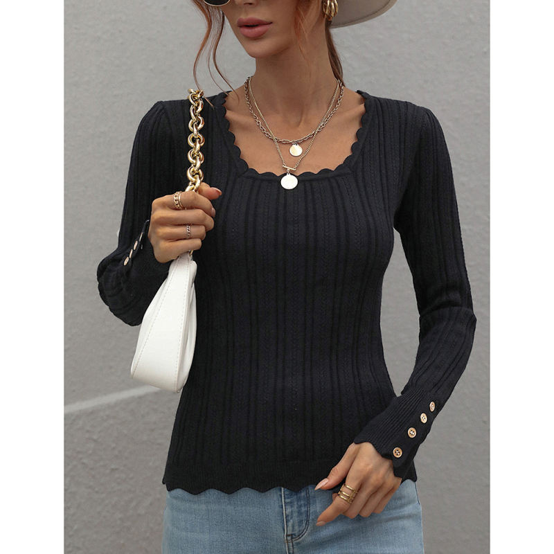 Black Knit Button Long Sleeve Pullover Top TQV270003-2