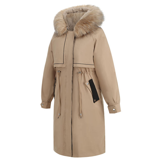 Brown Zipper Plush Collar Parker Thick Coat 2pcs Set  TQK280219-17