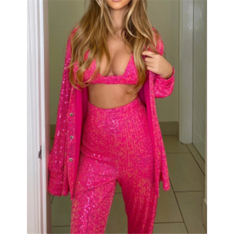 Rosy Sequined Shirt with Pant and Bra 3pcs Set TQF711062-6
