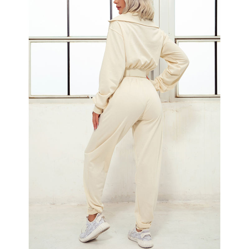 Apricot Zipper-up Cotton Sweatshirt with Pant Sports Set TQE91573-18