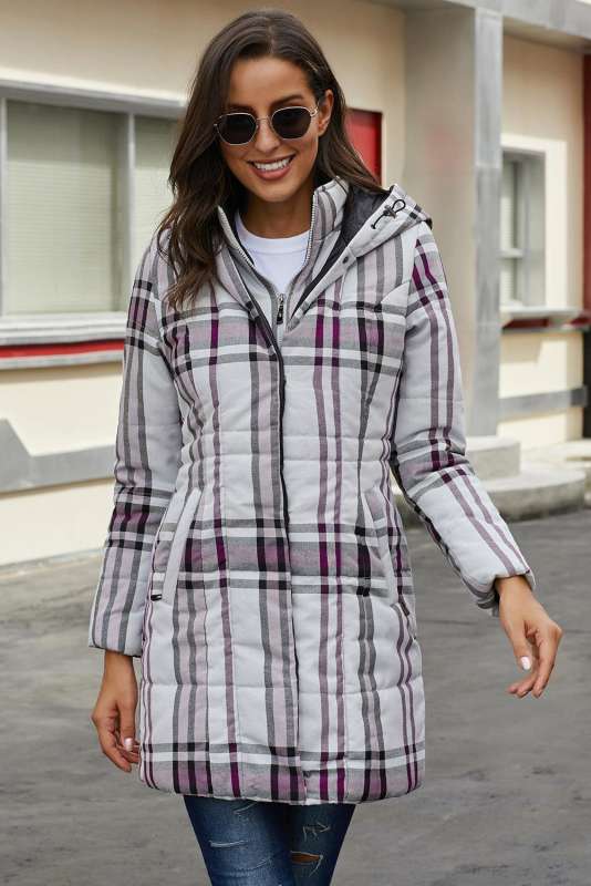 Gray Vintage Plaid Cotton Quilted Trench Coat LC85189-11