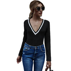 Black Cotton Blend V Neck Bodysuit TQK550198-2