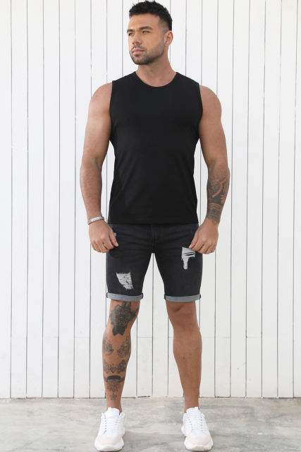 Black Solid O Neck Slim-fit Men\'s Tank Top MC256181-2