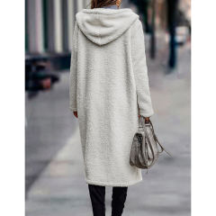 Beige Open Front Long Sleeve Hooded Fleece Coat TQK280217-46