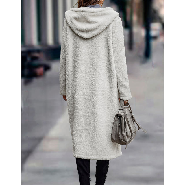 Beige Open Front Long Sleeve Hooded Fleece Coat TQK280217-46