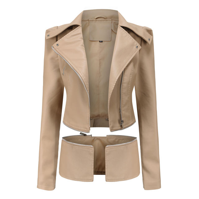 Apricot Removable Hem Leather PU Leather Jacket TQK280125-15