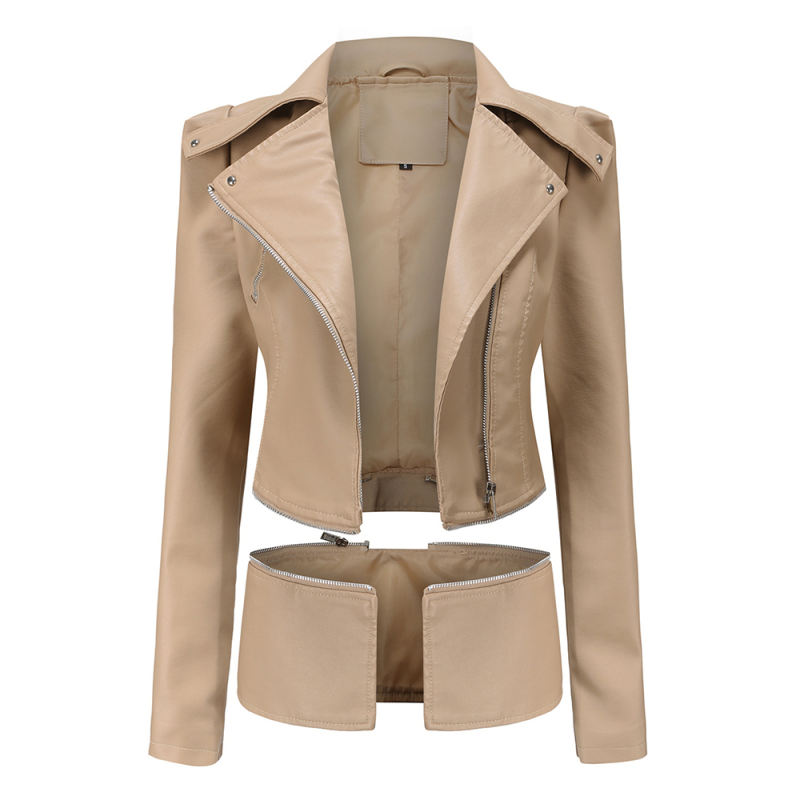 Apricot Removable Hem Leather PU Leather Jacket TQK280125-15