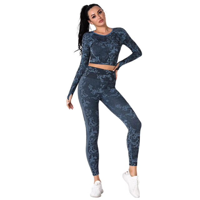 Blue Camo Knit Seamless Long Sleeve Pant Yoga Set TQE91362-5