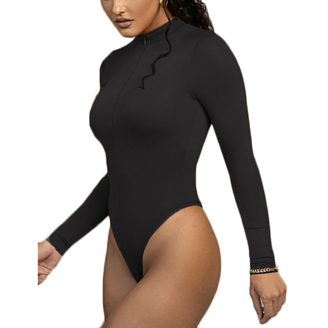 Black Zipper-up High Neck Long Sleeve Bodysuit TQK550264-2