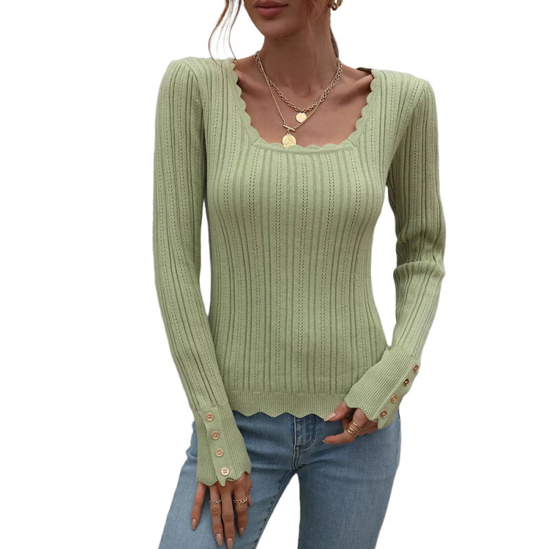 Green Knit Button Long Sleeve Pullover Top TQV270003-9