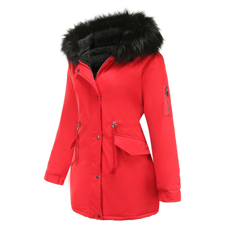 Red Fur Collar Drawstring Waist Warm Hooded Parka Coat TQK280130-3