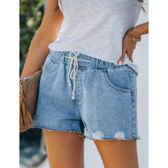 Blue Ripped Elastic Waist Denim Shorts TQK530090-5