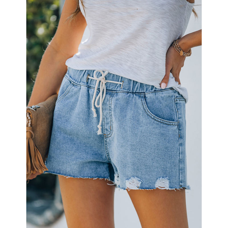 Blue Ripped Elastic Waist Denim Shorts TQK530090-5