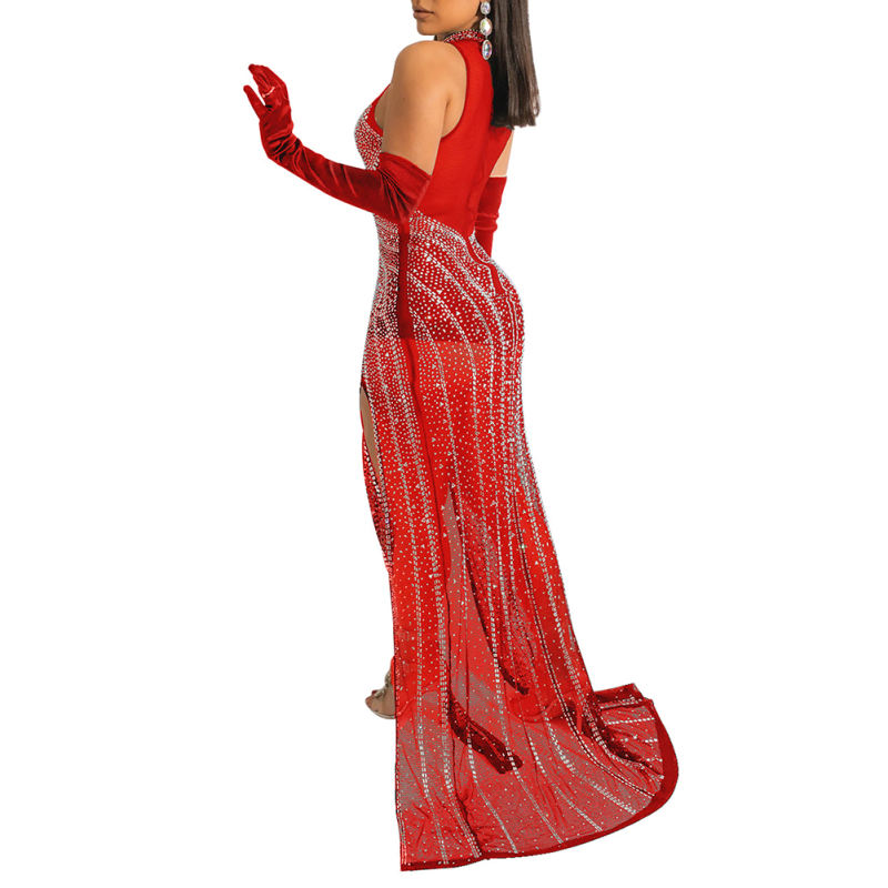 Red Rhinestones Mesh Stand Neck Party Dress  TQK311258-3