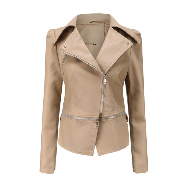 Apricot Removable Hem Leather PU Leather Jacket TQK280125-15