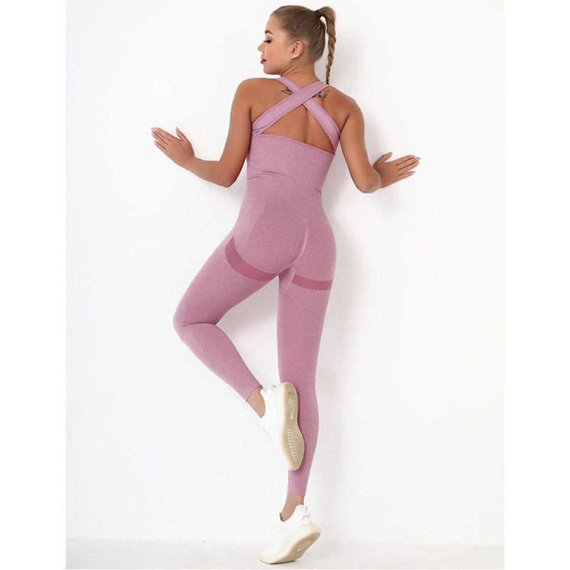 Wine Red Back-Criss Seamless Yoga One Piece Jumpsuit TQE91567-103