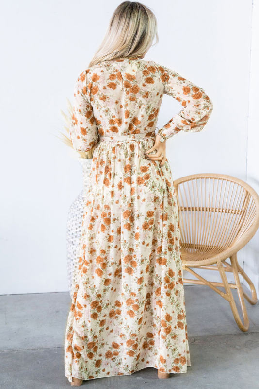 Orange Wrap V Neck Maxi Floral Dress with Side Slit LC6110881-14