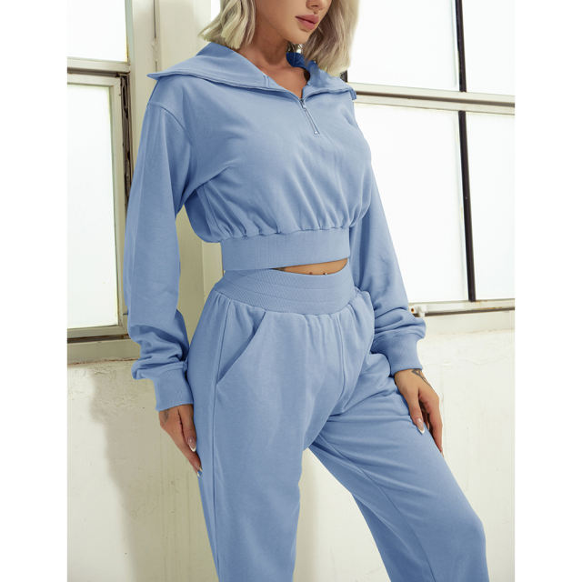 Blue Zipper-up Cotton Sweatshirt with Pant Sports Set TQE91573-5