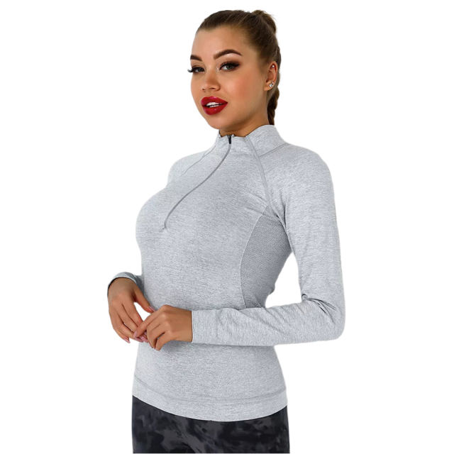Light Gray Quick Dry Zipper Knit Tight Yoga Tops TQE91363-112