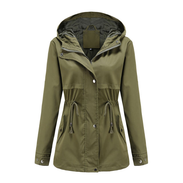Army Green Waist Drawstring Hooded Outdoor Rainproof Coat TQK280126-27