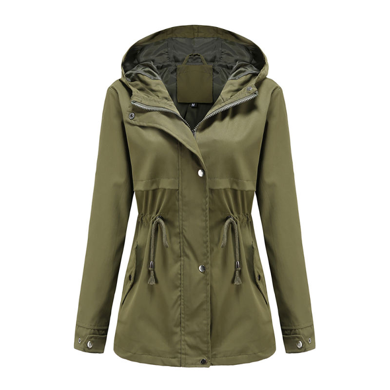 Army Green Waist Drawstring Hooded Outdoor Rainproof Coat TQK280126-27