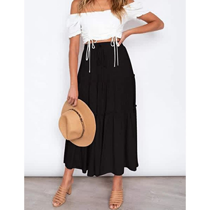 Black High Waist A-line Drawstring Maxi Skirt TQK360049-2