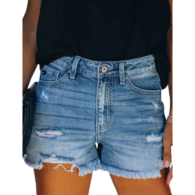 Blue Leisure Ripped Jean Shorts TQK530083-5