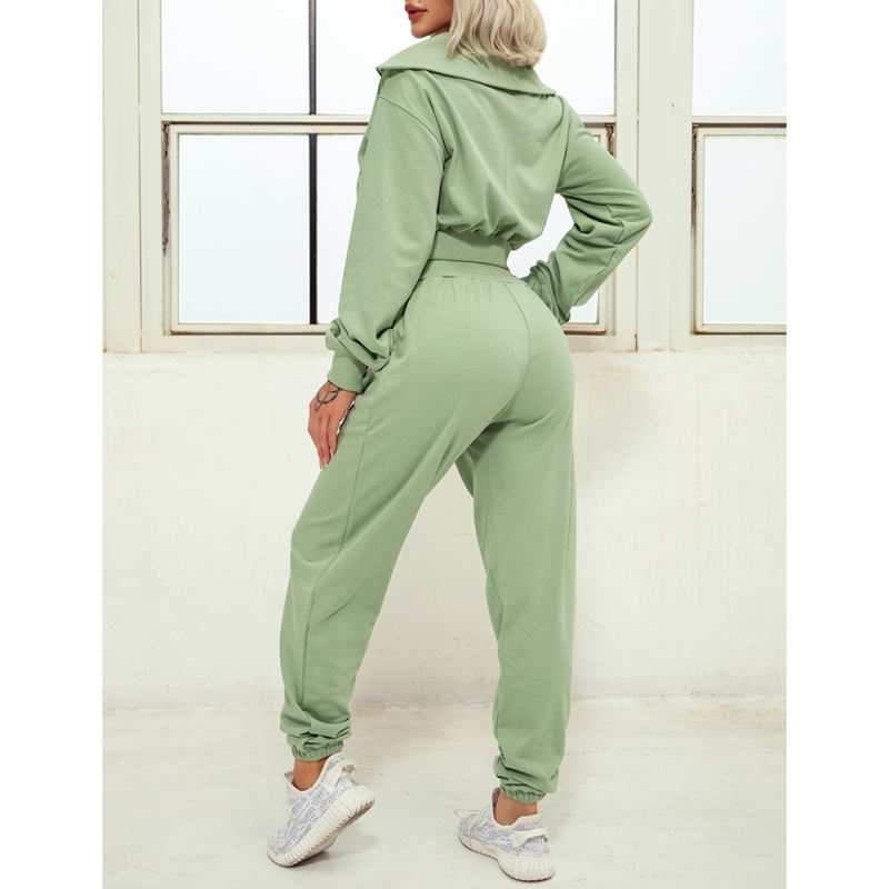 Green Zipper-up Cotton Sweatshirt with Pant Sports Set TQE91573-9
