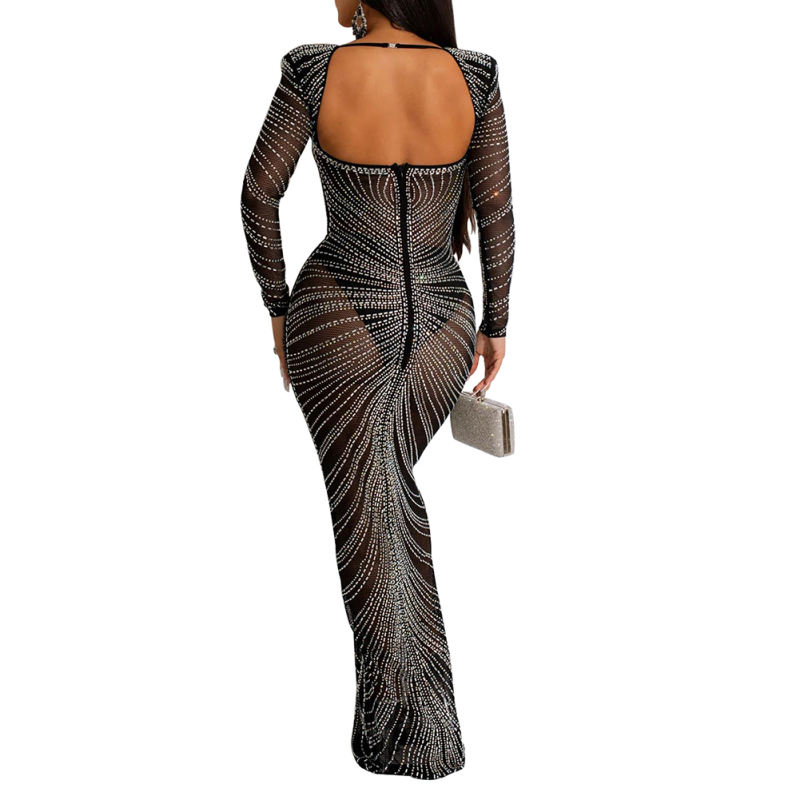 Black Padded Rhinestone Mesh Long Sleeve Maxi Dress TQK311267-2