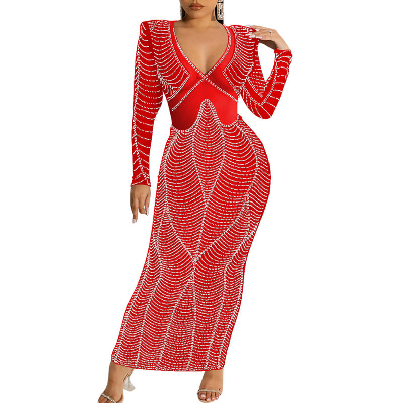 Red Padded Shoulder V Neck Rhinestones Mesh Maxi Dress TQK311225-3