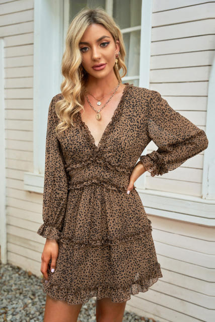 Leopard Ruffle Detailing Open Back Floral Dress LC220829-20