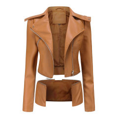 Camel Removable Hem Leather PU Leather Jacket TQK280125-58