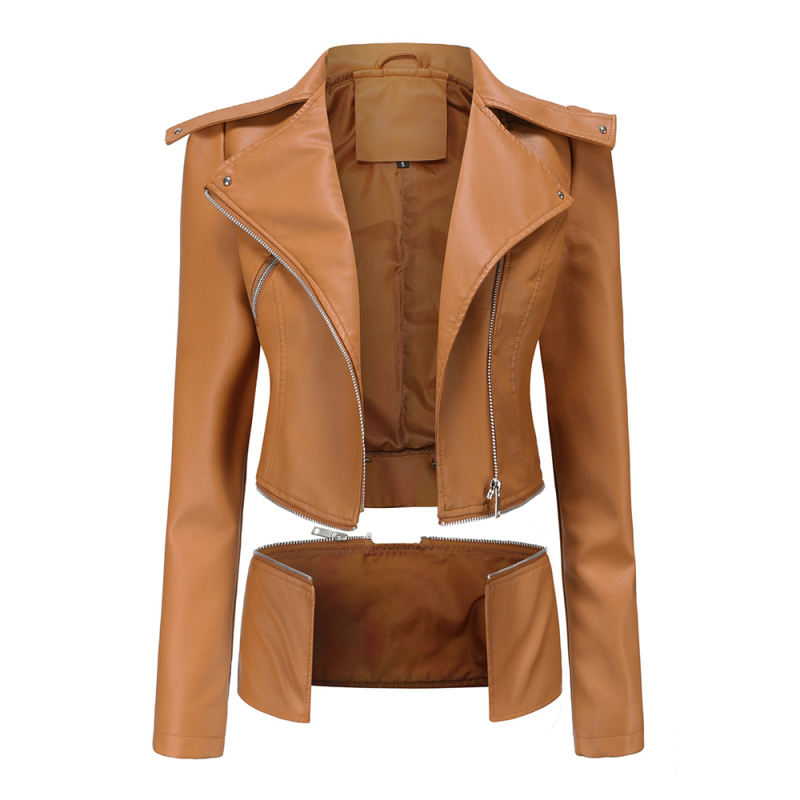 Camel Removable Hem Leather PU Leather Jacket TQK280125-58