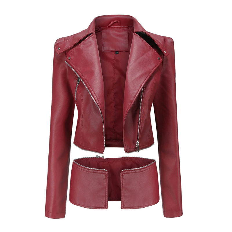 Wine Red Removable Hem Leather PU Leather Jacket TQK280125-23
