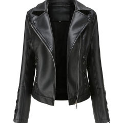 Black Zipper &amp; Bandage PU Leather Jacket TQK280142-2