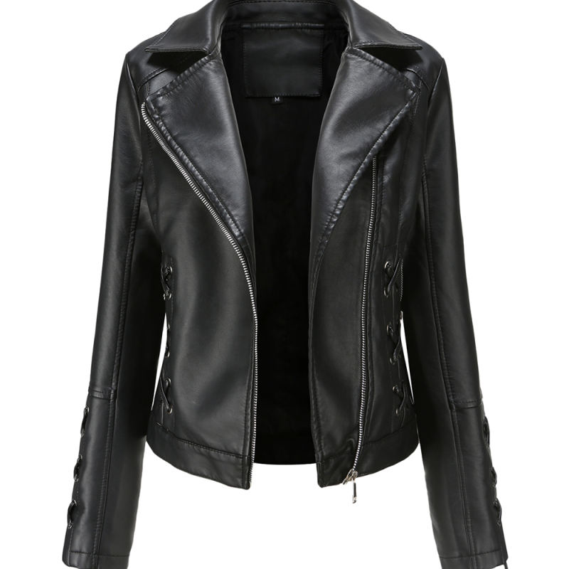 Black Zipper &amp; Bandage PU Leather Jacket TQK280142-2