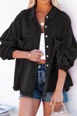 Black Christmas Hat Wine Glass Print Distressed Denim Jacket LC854283-2